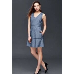 Gap Women's Blue Chambray V-Neck Dress Sleeveless Cotton Pockets Size 12 $70 New